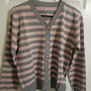 G.I.L.I. Soft Pink and Gray Button-Up Cardigan
